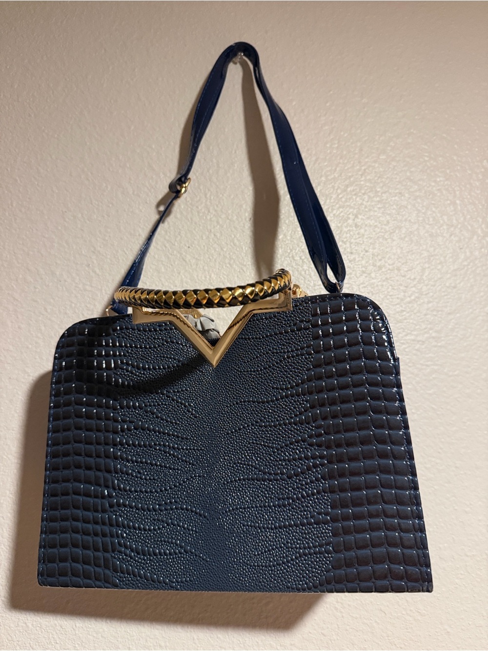 Structured Navy Croc-Embossed Shoulder Bag with Gold Accent